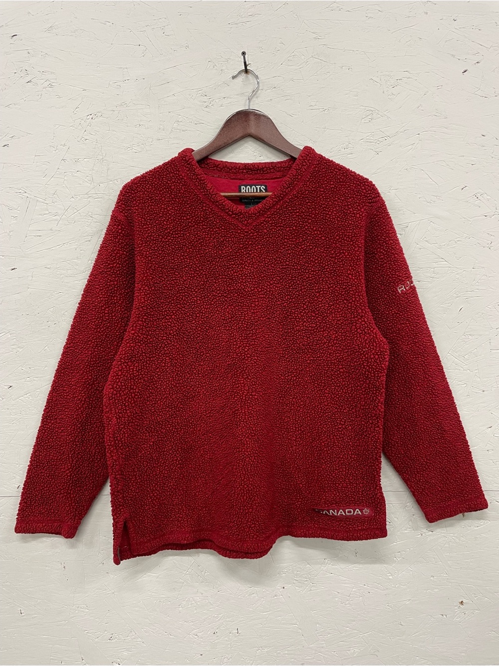 Vintage 90s Roots Athletics Deep-Pile Fleece V-Neck Sweater, Size L, Red